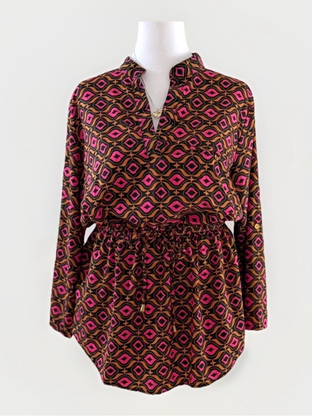 Mileage Womens 1X Geometric‎ Print Tunic Top Pink Brown Black Elastic Waist